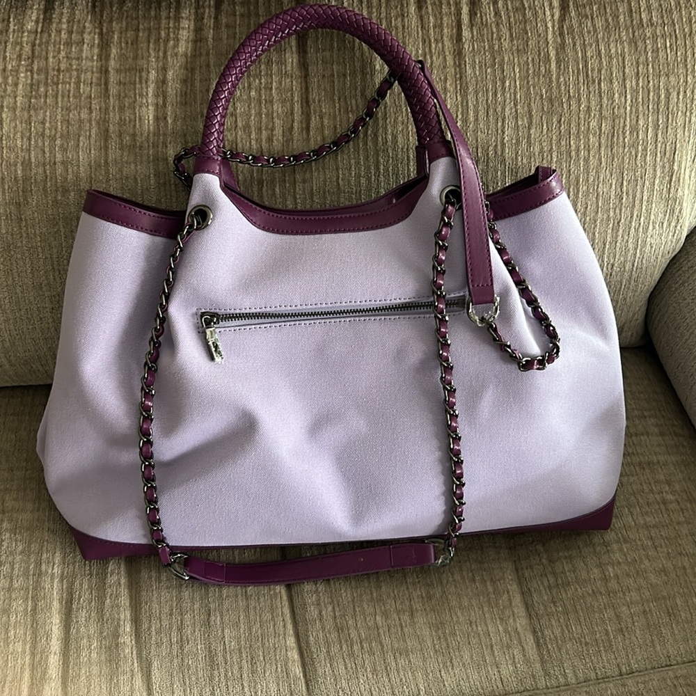 Gunas New York Ruth  canvas tote bag purple trimmed in leather APX 16 x 11 x 4 - Picture 4 of 13